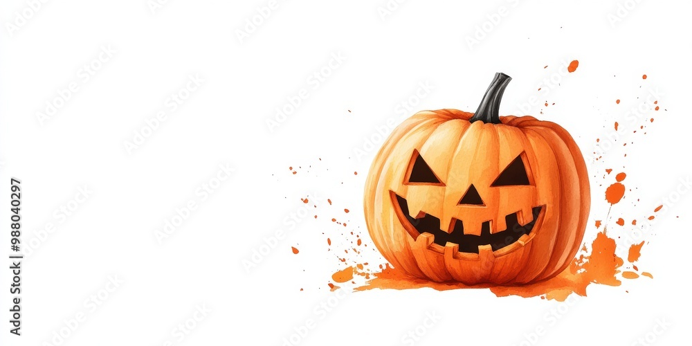 A festive Halloween pumpkin with a carved face, surrounded by vibrant splashes of orange, perfect for spooky celebrations. A festive Halloween pumpkin with a carved face, surrounded by vibrant splashes of orange, perfect for spooky celebrations.
