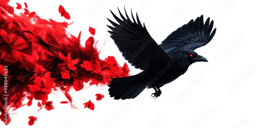 A striking black crow flying amidst a cascade of red petals, symbolizing freedom and the contrast of beauty and darkness. A striking black crow flying amidst a cascade of red petals, symbolizing freedom and the contrast of beauty and darkness.