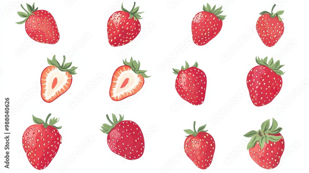 Strawberries isolated on a white or transparent background, depicted in a clean and minimal vector style, showcasing the strawberries with straightforward design elements and ample space for Strawberries isolated on a white or transparent background, depicted in a clean and minimal vector style, showcasing the strawberries with straightforward design elements and ample space for