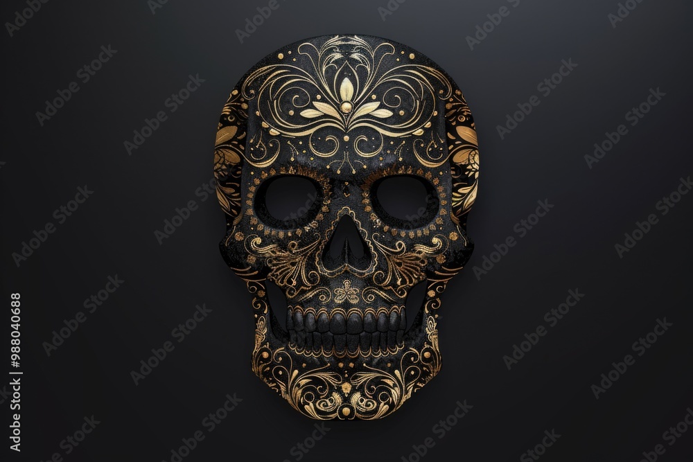 Black skull with gold filigree patterns, set against a dark background, representing luxury and intricate Day of the Dead craftsmanship. ai Black skull with gold filigree patterns, set against a dark background, representing luxury and intricate Day of the Dead craftsmanship. ai