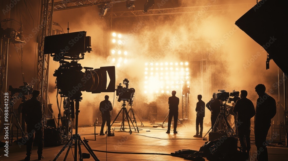 Fototapeta premium Filming studio in action, capturing the dynamic atmosphere of a live shoot, with crew members working, actors performing, and equipment in use, highlighting the energy of production.