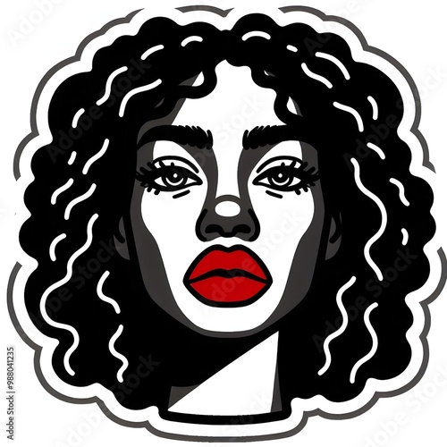 Line sticker vector-style image of black women's face. black and white with red lips