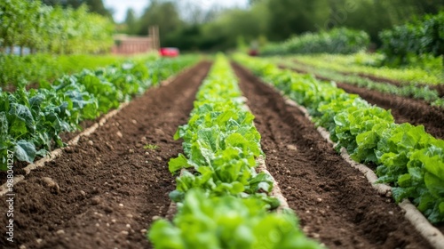 Organic farm with rows of vegetables growing without synthetic chemicals.