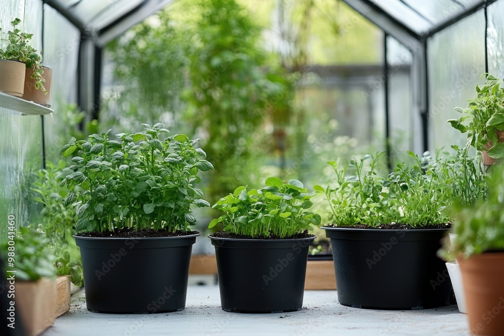 Fototapeta premium Growing garden in a greenhouse with potted plants on solid white background, single object