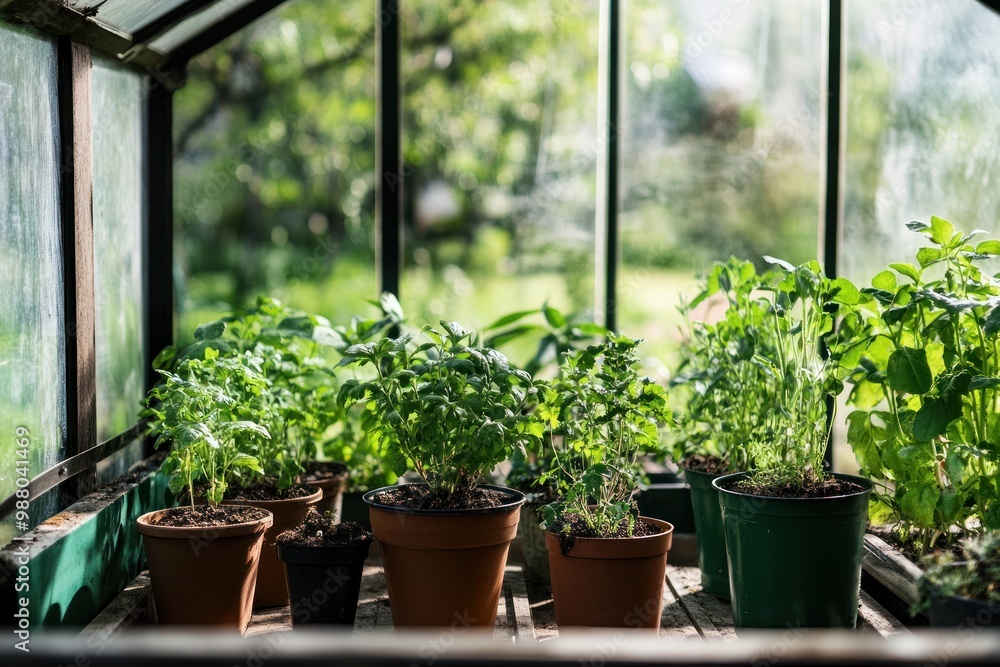 Growing garden in a greenhouse with potted plants on solid white background, single object Growing garden in a greenhouse with potted plants on solid white background, single object