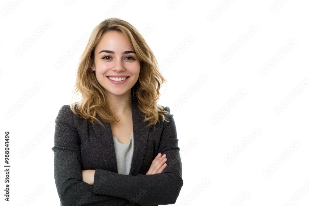 Happy business woman posing in creative office on solid white background, single object Happy business woman posing in creative office on solid white background, single object