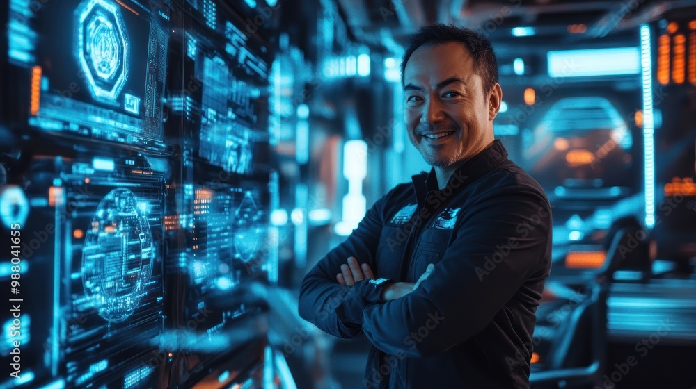 Happy engineer man in tech industry, confidently working on advanced technology, with a background filled with digital screens, hardware, and a futuristic vibe. Happy engineer man in tech industry, confidently working on advanced technology, with a background filled with digital screens, hardware, and a futuristic vibe.