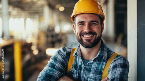 Happy engineer man in modular construction, working on prefabricated building components, with a focus on efficiency, innovation, and modern construction techniques. photo