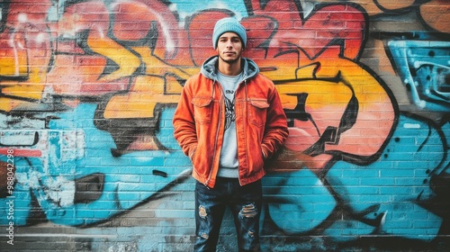 Man portrait with urban graffiti, captured against a vibrant graffiti wall, with a streetwear look that complements the gritty, artistic urban setting.