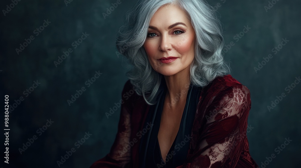 Fototapeta premium Mature woman with silver hair in elegant attire, showcasing confidence and grace, surrounded by soft lighting that accentuates her wisdom and beauty.