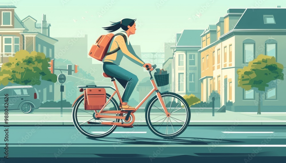 Fototapeta premium A digital artwork showing a female cyclist riding through charming, colorful town scenery
