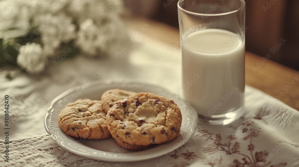 Milk and cookies, with a plate of freshly baked cookies beside a glass of milk, creating a comforting and nostalgic scene. Milk and cookies, with a plate of freshly baked cookies beside a glass of milk, creating a comforting and nostalgic scene.
