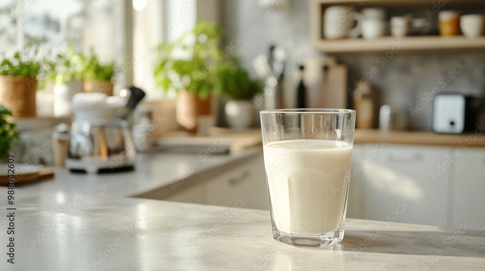 Milk in kitchen, placed on a counter with kitchen elements in the background, suggesting everyday use and familiarity. Milk in kitchen, placed on a counter with kitchen elements in the background, suggesting everyday use and familiarity.