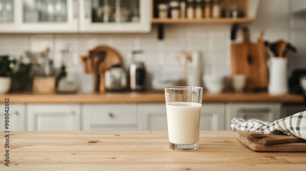 Obraz premium Milk in kitchen, placed on a counter with kitchen elements in the background, suggesting everyday use and familiarity.