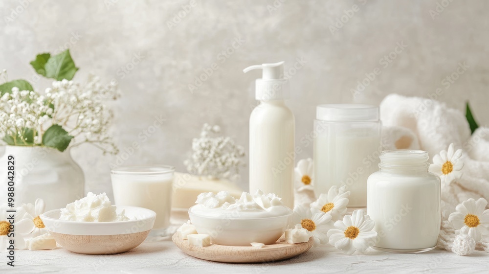 Milk used in skincare products, featuring a luxurious setup with milk-based creams, lotions, or bath products, highlighting the nourishing and moisturizing qualities of milk. Milk used in skincare products, featuring a luxurious setup with milk-based creams, lotions, or bath products, highlighting the nourishing and moisturizing qualities of milk.