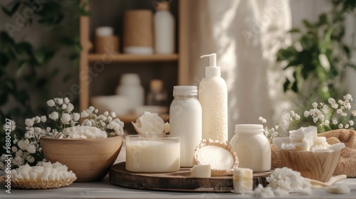 Milk used in skincare products, featuring a luxurious setup with milk-based creams, lotions, or bath products, highlighting the nourishing and moisturizing qualities of milk.