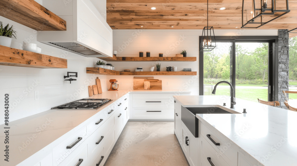 Fototapeta premium Modern kitchen with white cabinets and farmhouse sink