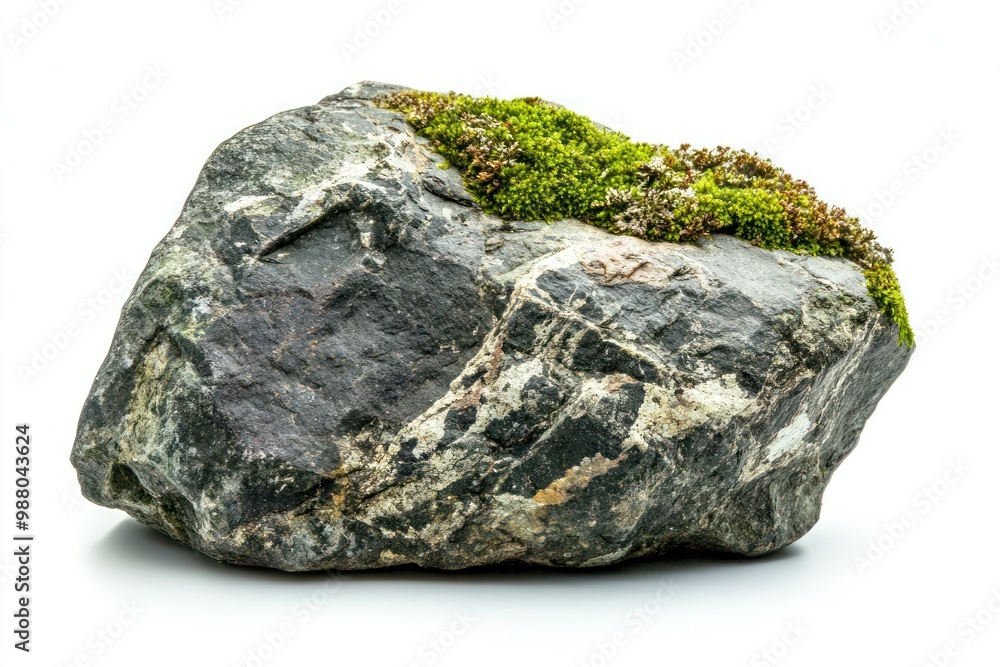 Rock with moss outdoors on solid white background, single object Rock with moss outdoors on solid white background, single object