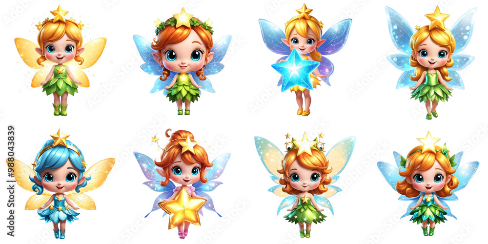Obraz premium Set of cute Fairy Girls in 3D illustration. Character. white background