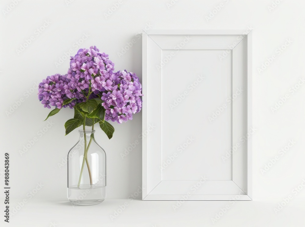 Minimalistic interior design with a white frame mockup and a vase of purple hydrangeas on a white background. Empty frame, poster mock up. Minimalistic interior design with a white frame mockup and a vase of purple hydrangeas on a white background. Empty frame, poster mock up.