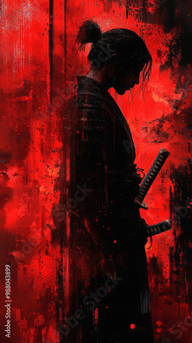 Wallpaper Mural Silhouette of a samurai warrior against a red background. Torontodigital.ca