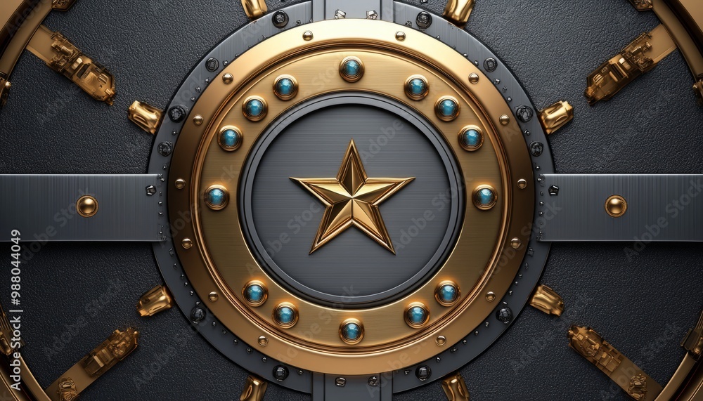 Naklejka premium Golden Star Within a Circular Vault Door with Jewels