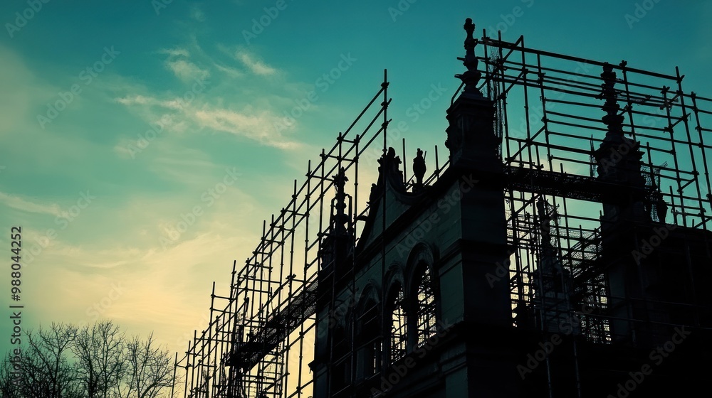 Silhouette of historic building restoration, capturing the delicate ...