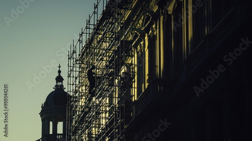 Silhouette of historic building restoration, capturing the delicate process of restoring a historic structure, with scaffolding and the buildingâ€™s iconic features highlighted against the sky. photo