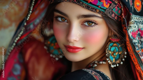 Teenage woman in cultural attire portrait, proudly wearing traditional clothing that reflects her heritage, with a background that enhances the cultural significance and beauty of the attire.