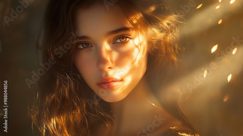 Teenage woman in ethereal light portrait, bathed in soft, glowing light that creates a halo effect, enhancing the sense of purity, serenity, and otherworldly beauty.