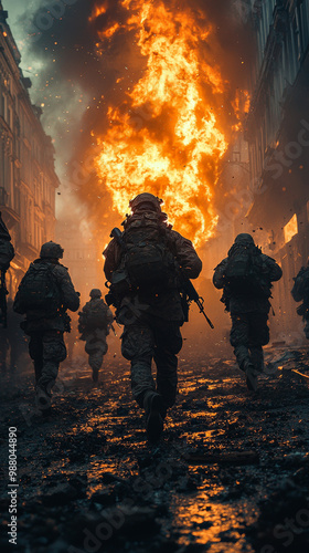 Silhouettes of soldiers running through a war-torn city, with a blazing inferno behind them.