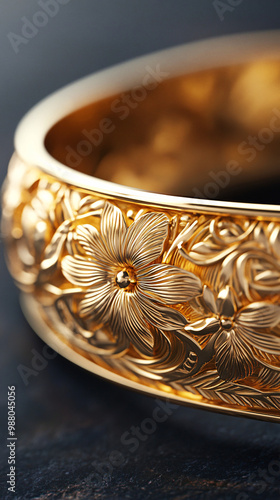 closeup of gold flower patterned band on black surface