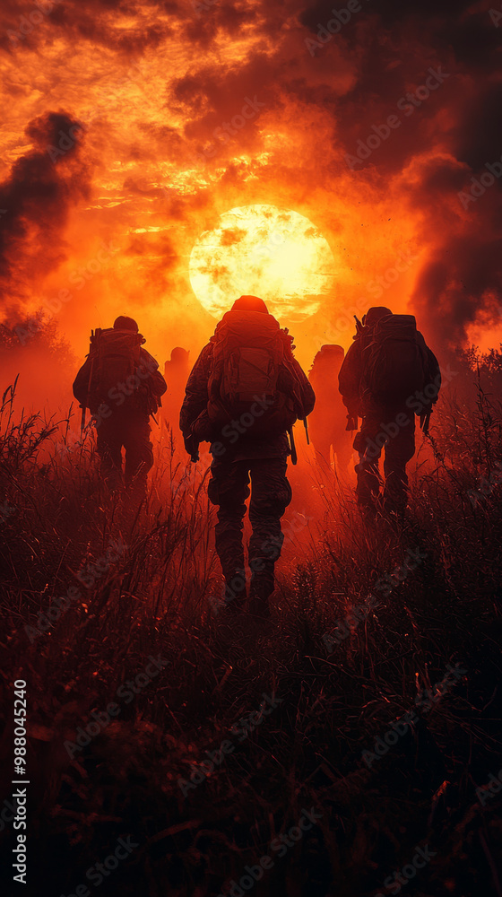 Fototapeta premium Silhouettes of soldiers walking towards a glowing sun.