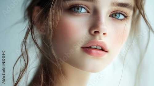 Teenage woman portrait with natural makeup, showcasing her fresh and youthful beauty, with soft, natural lighting that enhances her features without heavy cosmetics.