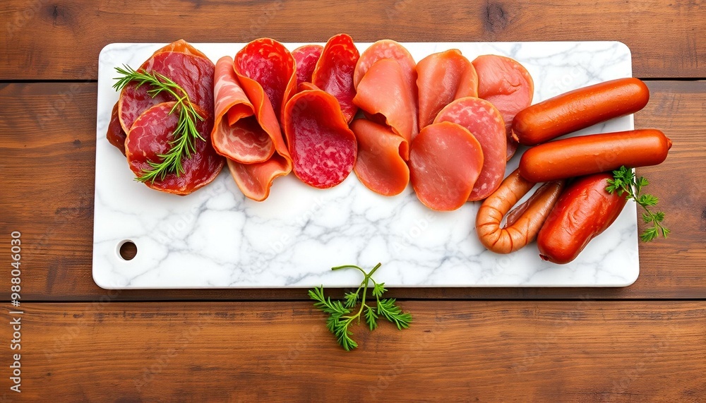 Marble cutting board with prosciutto, bacon, salami and sausages on wooden background. Rustic Meat platter Marble cutting board with prosciutto, bacon, salami and sausages on wooden background. Rustic Meat platter