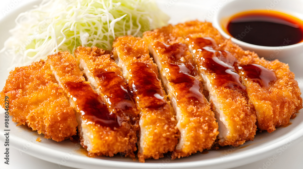 Crispy fried tonkatsu cut into slices, served with shredded cabbage and sauce Crispy fried tonkatsu cut into slices, served with shredded cabbage and sauce