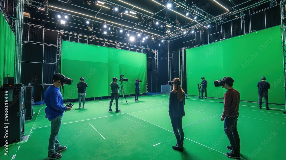 Fototapeta premium Virtual reality filming studio, equipped with advanced VR technology, green screens, and motion capture tools, creating an immersive environment for producing virtual reality content.