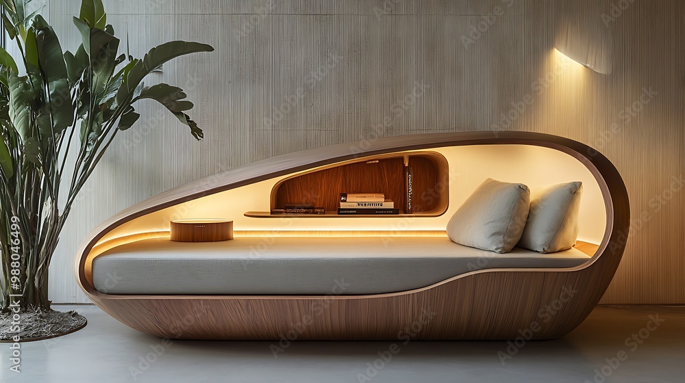 Modern Wooden Daybed with Built-in Shelf and Pillows Modern Wooden Daybed with Built-in Shelf and Pillows