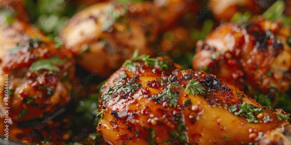 Detailed shot of flavorful roasted chicken drumsticks infused with fragrant herbs and spices. Detailed shot of flavorful roasted chicken drumsticks infused with fragrant herbs and spices.