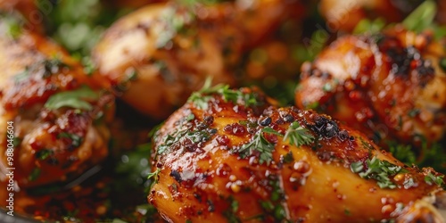 Detailed shot of flavorful roasted chicken drumsticks infused with fragrant herbs and spices.