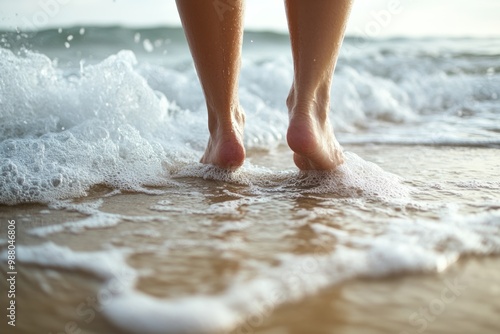 Women's feet on a beach with waves in the background on solid white background, single object