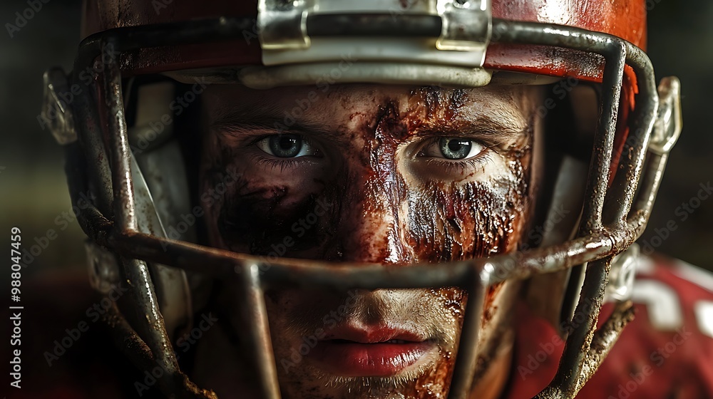 Close-up of a Bloody and Bruised Football Player's Face Close-up of a Bloody and Bruised Football Player's Face