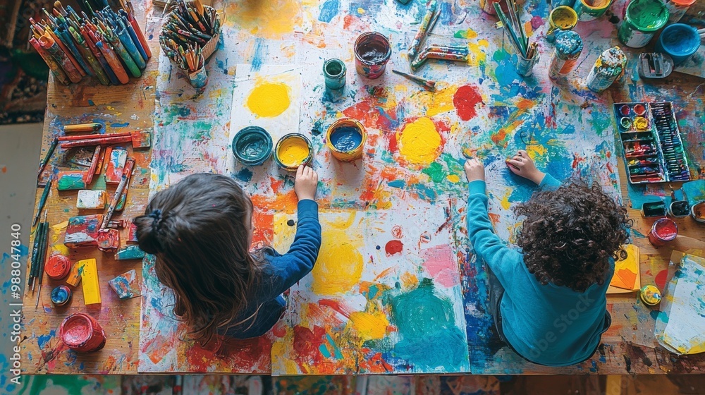 Obraz premium A creative workspace where siblings of different backgrounds collaborate on an art project