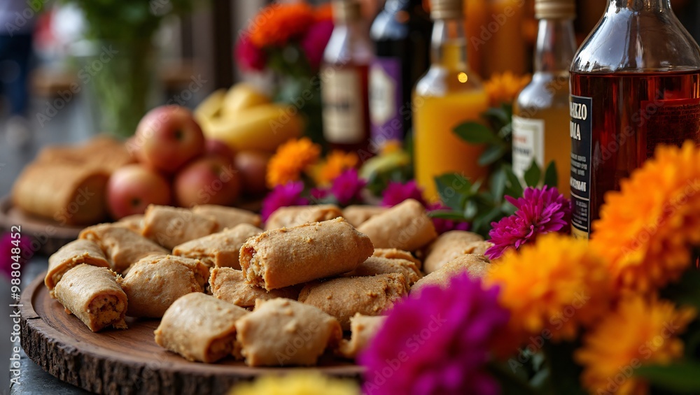 Offerings of Food and Drinks, A close-up of an ofrenda’s offerings, including tamales, fruit, tequila, and pan de muerto, with vibrant marigolds and candles framing the display.