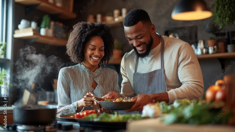 A multicultural couple cooking together in a modern kitchen A multicultural couple cooking together in a modern kitchen