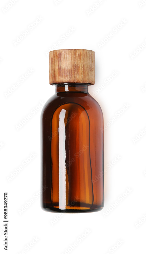 Bottle of essential oil isolated on white, top view Bottle of essential oil isolated on white, top view