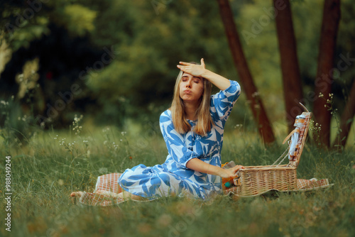 Woman Forgetting Something Important for her Picnic. Careless woman remembering to pack something for her getawa
 photo