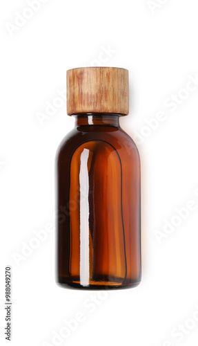 Bottle of essential oil isolated on white, top view