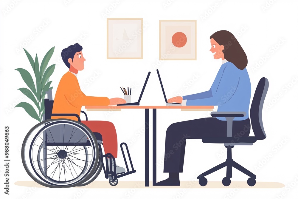illustration of collaboration between woman and man in a wheelchair, concept of inclusive ecosystem of modern office illustration of collaboration between woman and man in a wheelchair, concept of inclusive ecosystem of modern office