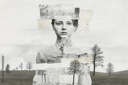Collage of a woman's portrait with trees and nature, ideal for artistic wallpaper, book cover or poster
